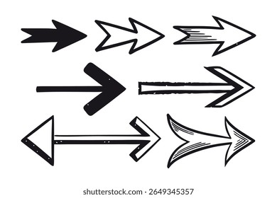 A set of nine hand-drawn arrows, each with a unique style, all pointing towards the right direction.