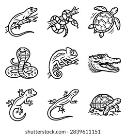 A set of nine hand-drawn black and white illustrations featuring various reptiles including lizards snakes and turtles.