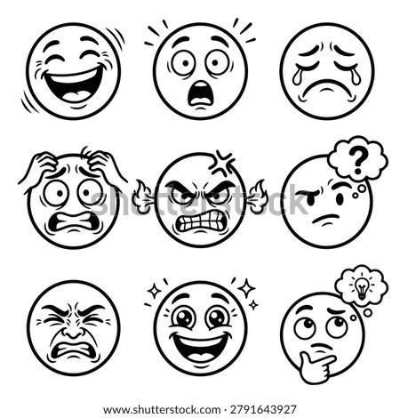 A set of nine hand-drawn cartoon faces depicting various emotions like happiness sadness anger surprise and confusion