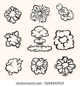 Set of Nine Hand-Drawn Comic Explosion and Smoke Doodles