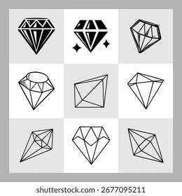 Conjunto de Nove Ícones de Diamante e Cristal Desenhados à Mão. Ilustração de vetor de pedra geométrica e brilhante.