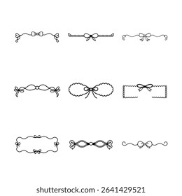 Set of nine hand-drawn dividers and frames with bows, isolated on white background. Decorative design elements for invitations and cards.