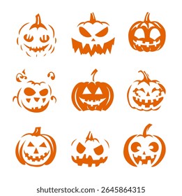 Set of nine hand-drawn Halloween pumpkin faces with various emotions for spooky decor and stickers, Pumpkin Illustration