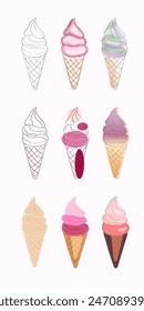 A set of nine hand-drawn ice cream cones in various colors and flavors, including vanilla, chocolate, strawberry, and mint