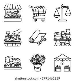A set of nine hand-drawn icons representing various market stalls, shopping carts, scales, and food items.