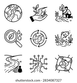 A set of nine hand-drawn icons representing environmental protection, water conservation, and sustainable practices.