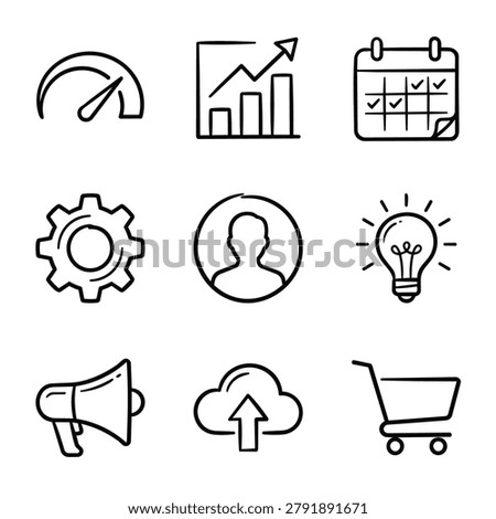 A set of nine hand-drawn icons representing business concepts like performance, growth, planning, and technology.