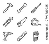 A set of nine hand-drawn illustrations depicting various tools used for building and fixing things.