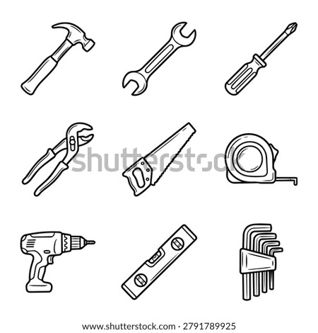 A set of nine hand-drawn illustrations depicting various tools used for building and fixing things.