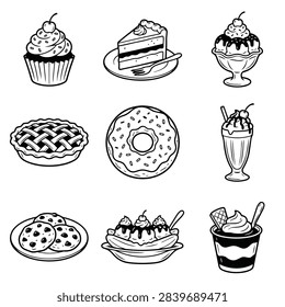 A set of nine hand-drawn illustrations featuring various sweet desserts like cupcakes, cake, pie, donuts, and ice cream.