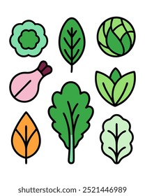 Un conjunto de nueve ilustraciones dibujadas a mano de varios verdes frondosos, perfecto para agregar un toque de naturaleza a sus diseños. Estos alegres y coloridos gráficos son ideales para proyectos relacionados con la comida.