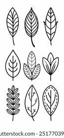 A set of nine hand-drawn leaf illustrations, featuring a variety of shapes and sizes. These simple, elegant designs are perfect for adding a touch of nature to your projects.