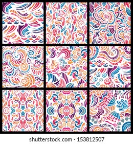 Set of nine hand-drawn seamless patterns. Hand-drawn seamless patterns may be used as background.