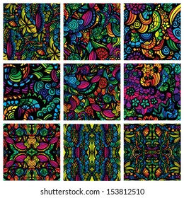 Set of nine hand-drawn seamless patterns. Hand-drawn seamless patterns may be used as background.