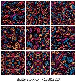 Set of nine hand-drawn seamless patterns. Hand-drawn seamless patterns may be used as background.