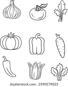 Set of nine hand-drawn vegetable illustrations,including tomatoes,carrots,peppers,ideal for creative projects such as coloring pages or graphic design.Simple outlines make them versatile customizable.