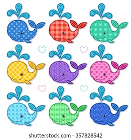 Set of nine happy color whales. Vector cartoon illustration. Isolated on white.