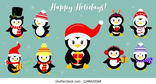 A set of nine happy penguin characters in different hats and accessories. Celebrates New Year and Christmas. Cartoon style, vector.