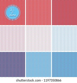 Set of nine harmonic maritime vector patterns with easy going wave shapes. Trendy minimal style. Great for fabric design, wallpapers, backgrounds, home decor, scrapbooking, wrapping paper etc.