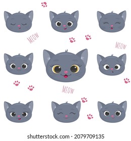 A set of nine heads of cute gray British kittens with different emotions. Cartoon, flat style, vector