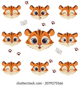 A set of nine heads of cute Tiger with different emotions. Cartoon, flat style, vector