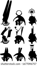 A set of nine heads of various, ancient gods of Egypt. RA, Anubis, Seth, and other famous gods. Vector illustration.