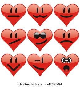 Set of nine heart faces to Valentine`s day. Vector illustration.
