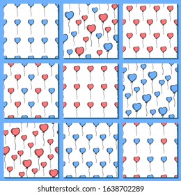 Set of nine heart shape blue and pink balloons seamless patterns. Happy Valentine’s Day or Baby shower designs. Hand drawn doodle style decoration. For fabric, textile, wallpaper. Vector illustration
