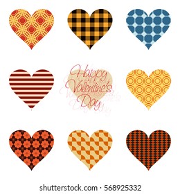 Set of nine hearts painted in different patterns. Happy Valentine's Day!