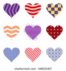 Set of nine hearts painted in different patterns. Happy Valentine's Day!