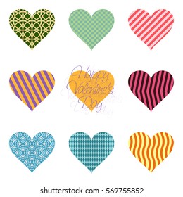 Set of nine hearts painted in different patterns. Happy Valentine's Day!