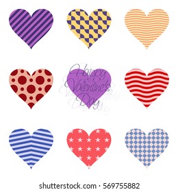Set of nine hearts painted in different patterns. Happy Valentine's Day!