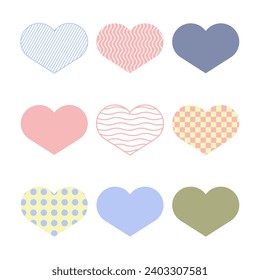 Set of nine hearts. Vector illustration of love symbol on white background.
