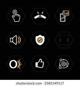 A set of nine hexagonal icons representing touch control, durability, sound, security, and efficiency in a sleek black, white, and yellow minimalist design.