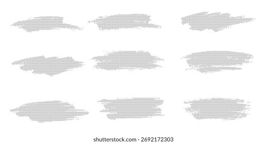 Um conjunto de nove pincéis horizontais, cinza claro. Cada traçado tem uma forma única e uma aparência de pincel áspera, texturizada e seca, criando um efeito grunge.