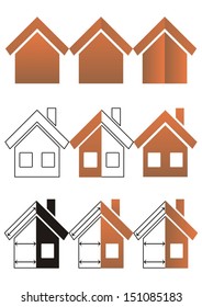 Set of nine house construction and real estate icons in brown