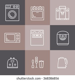 Set of nine household appliances vector icons: cooker, washer, blender, toaster, microwave, kettle, coffee maker, dishwasher