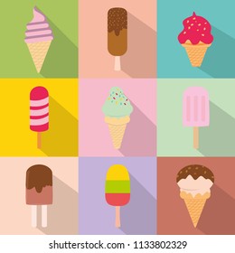 Set of nine ice creams of different flat colors. Vector illustration