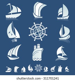 Set of nine icons with boats silhouettes and sailing symbols.