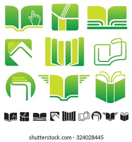 Set of nine icons with books silhouettes and education symbols. In green colours.
