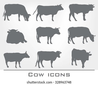 set of nine icons of cows on a gray background