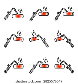 Set of nine icons depicting a welding torch heating a metal pipe with steam rising from the hot surface.