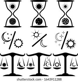 Set of nine icons for the equinox. An image of an hourglass and scales depicting the equality of the sun and moon. Vector illustration.