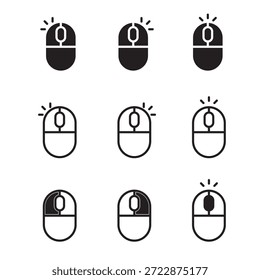 Un conjunto de nueve iconos con diferentes estilos de diseños de mouse de computadora, cada uno con diferentes Hacer clic y efectos. Estos íconos incluyen versiones sólidas y delineadas, perfectas para proyectos de Diseño web, UI UX