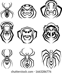 A set of nine icons in the form of spiders in different poses. Vector illustration.