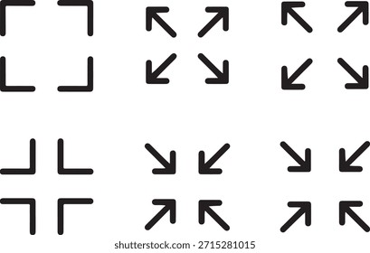 Set of nine icons for fullscreen, expand, and corner frame actions, black line art