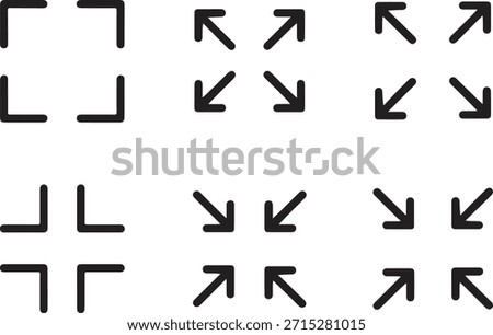 Set of nine icons for fullscreen, expand, and corner frame actions, black line art
