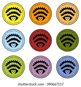 A set of nine icons hedgehogs. hedgehog symbol on yellow, orange, green, red, light blue, blue, beige, light green, purple background. Round lapel badge. Hedgehog - symbol of wi-fi