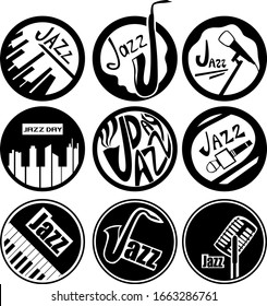 Set of nine icons for the holiday, jazz day. Three images each of a piano, saxophone, and microphone. Vector illustration.