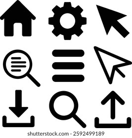 Set of nine icons: home, gear, download, upload, search, cursor, menu, black vector illustration, UI and web symbols, navigation, technology, settings, user interface EPS file